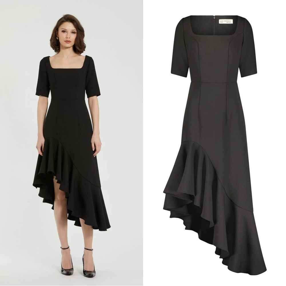 Mac Duggal Black Asymmetric Ruffle Midi Dress